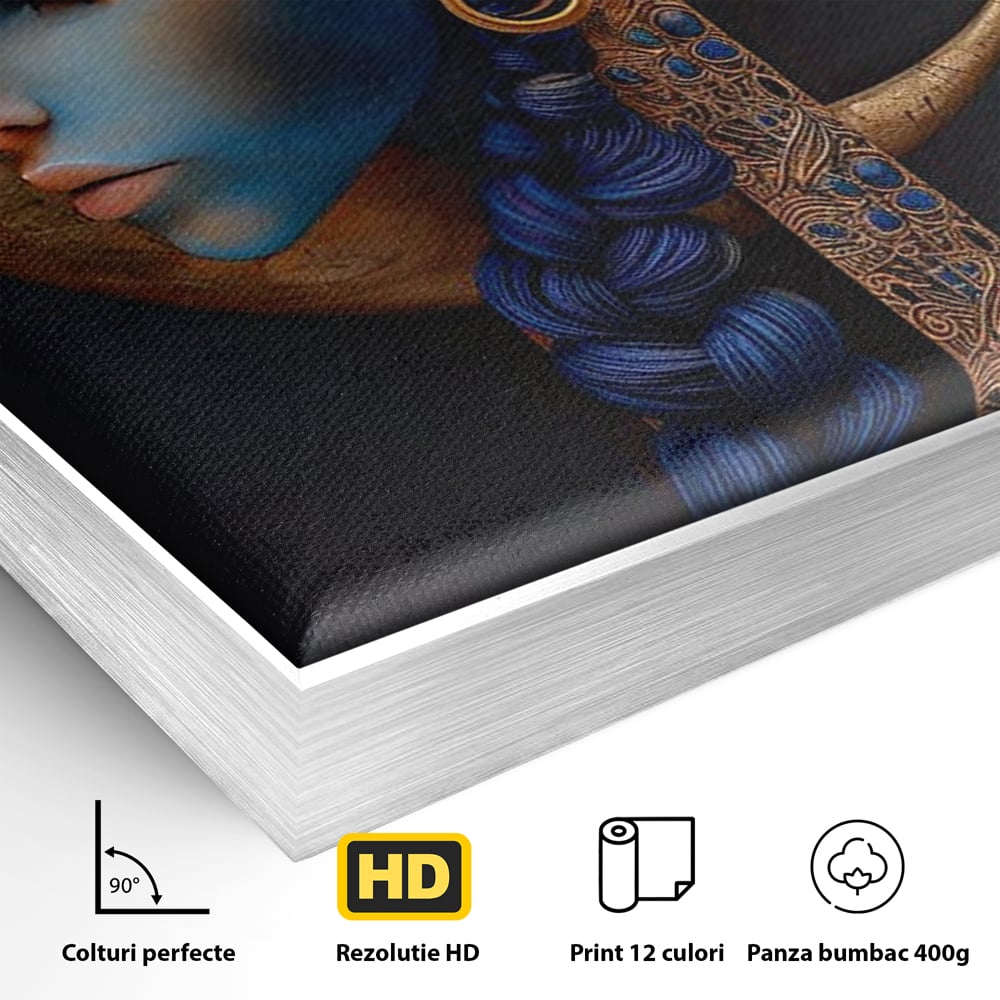 Detaliu al suprafetei: tablou canvas portret de femeie albastra, in rama de aluminiu argintiu